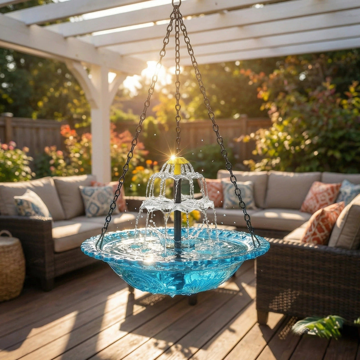 Hanging Bird Bath | Two-Tier Solar Fountain | Glass Bowl