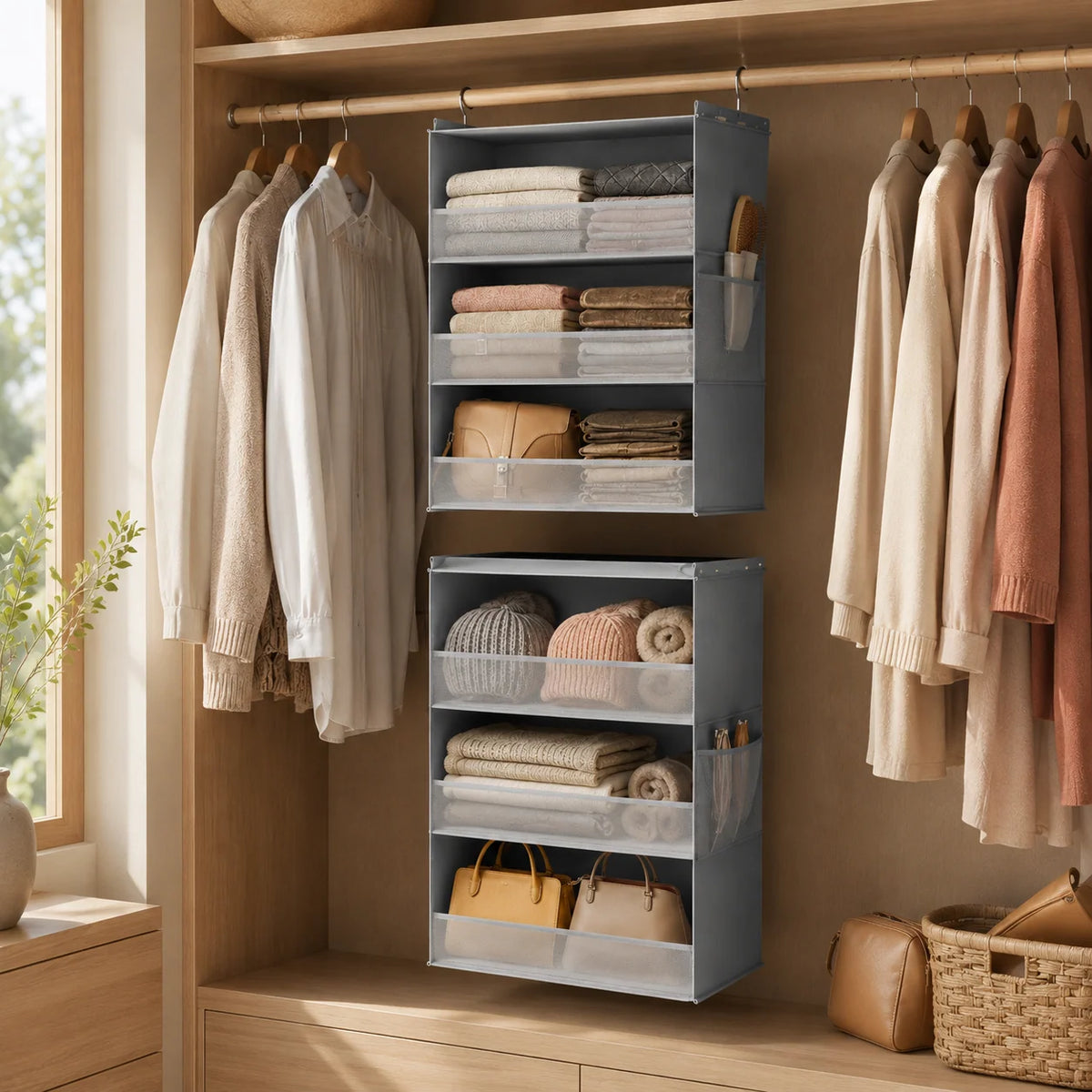 Hanging Closet Organizer | Mesh Side Pockets & Split-Zip Design | 6 Shelves