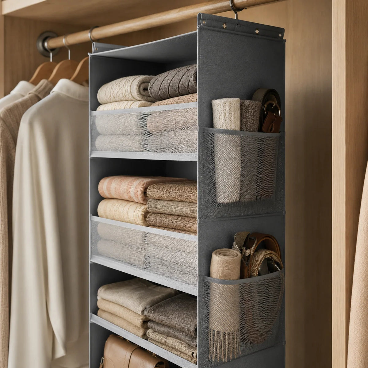 Hanging Closet Organizer | Mesh Side Pockets & Split-Zip Design | 6 Shelves