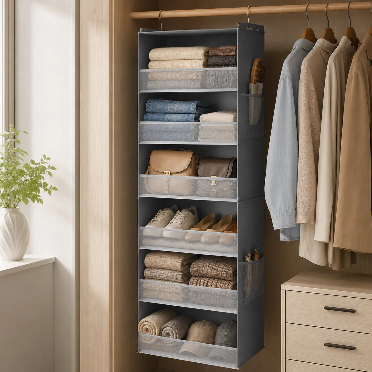 Hanging Closet Organizer | Mesh Side Pockets & Split-Zip Design | 6 Shelves