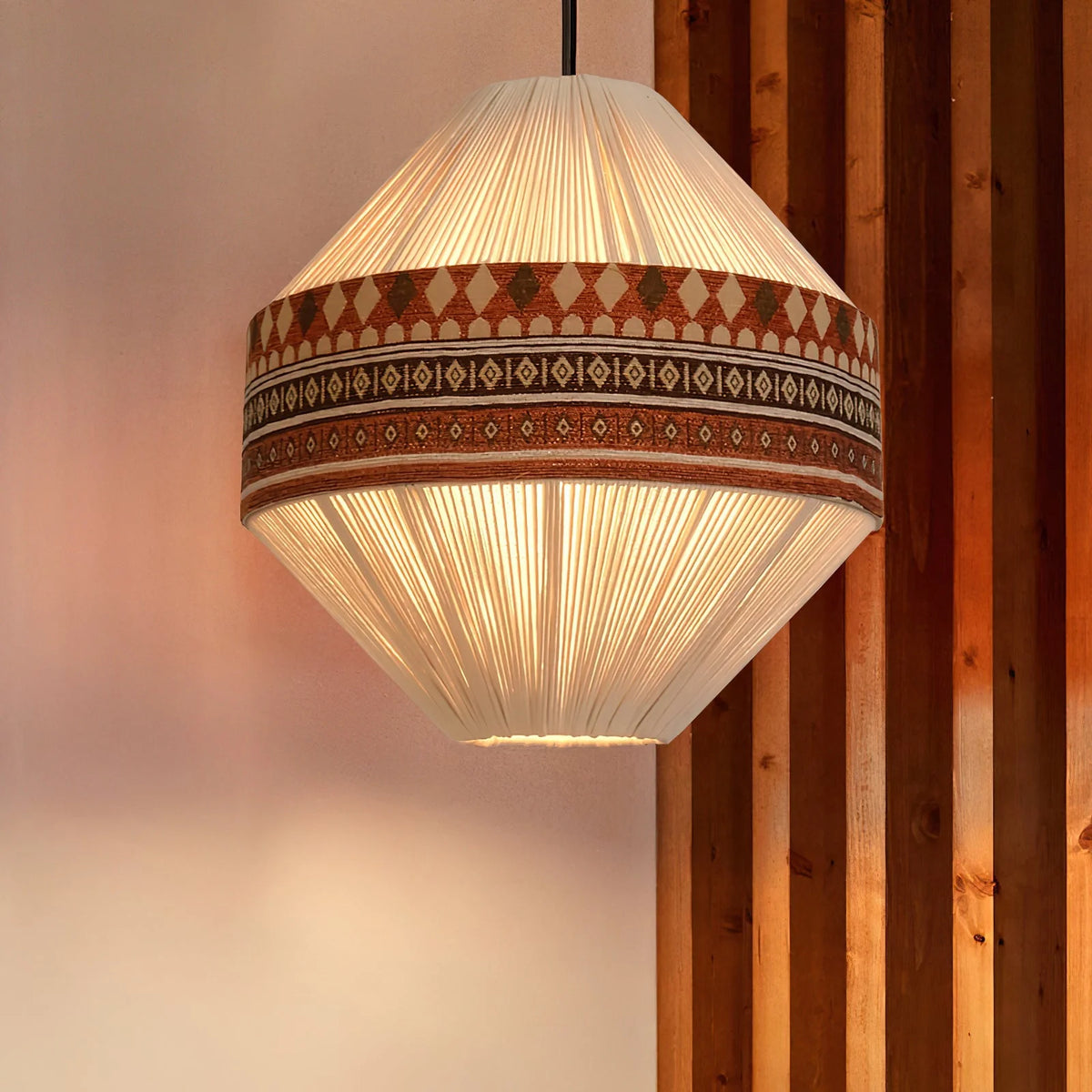 Hanging Lamp | Boho Fringe Tassels & Geometric Pattern | Adjustable Height