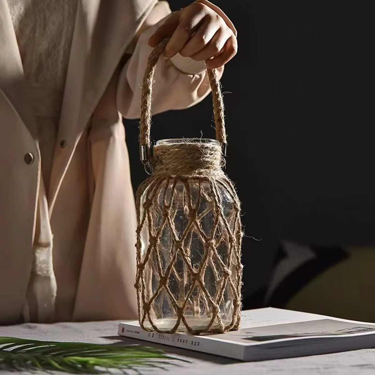 Hanging Vase | Glass & Sturdy Hemp Cord | Hanging & Table