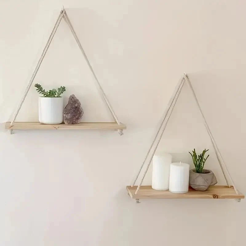 Hanging Wall Shelf | Rustic Rope Support | Wooden Board
