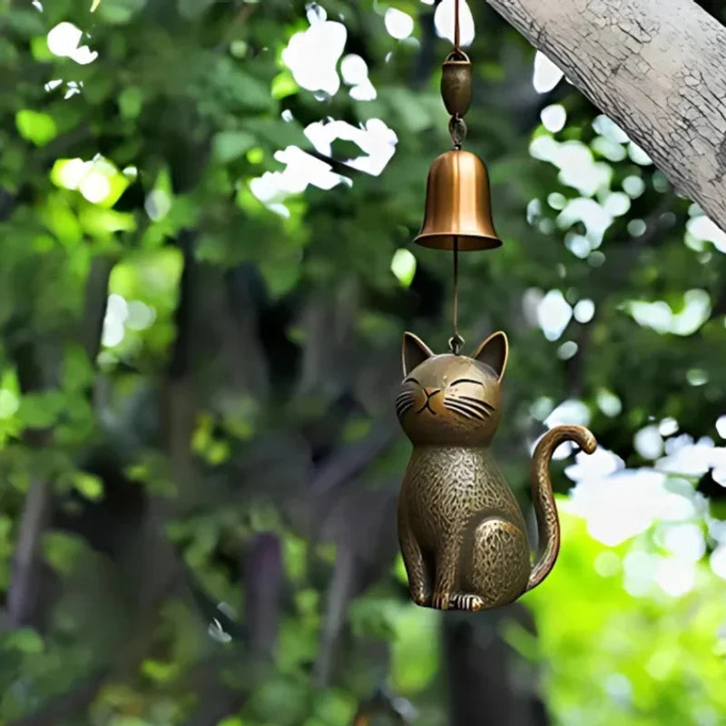 Hanging Wind Chime | Cat-Shaped Bronze-Tone Metal | Indoor & Outdoor