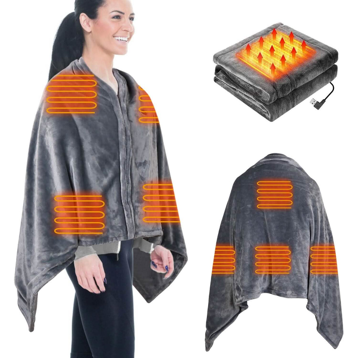 Heated Poncho Wrap | USB-Powered & 3 Heat Settings | Zipper Closure