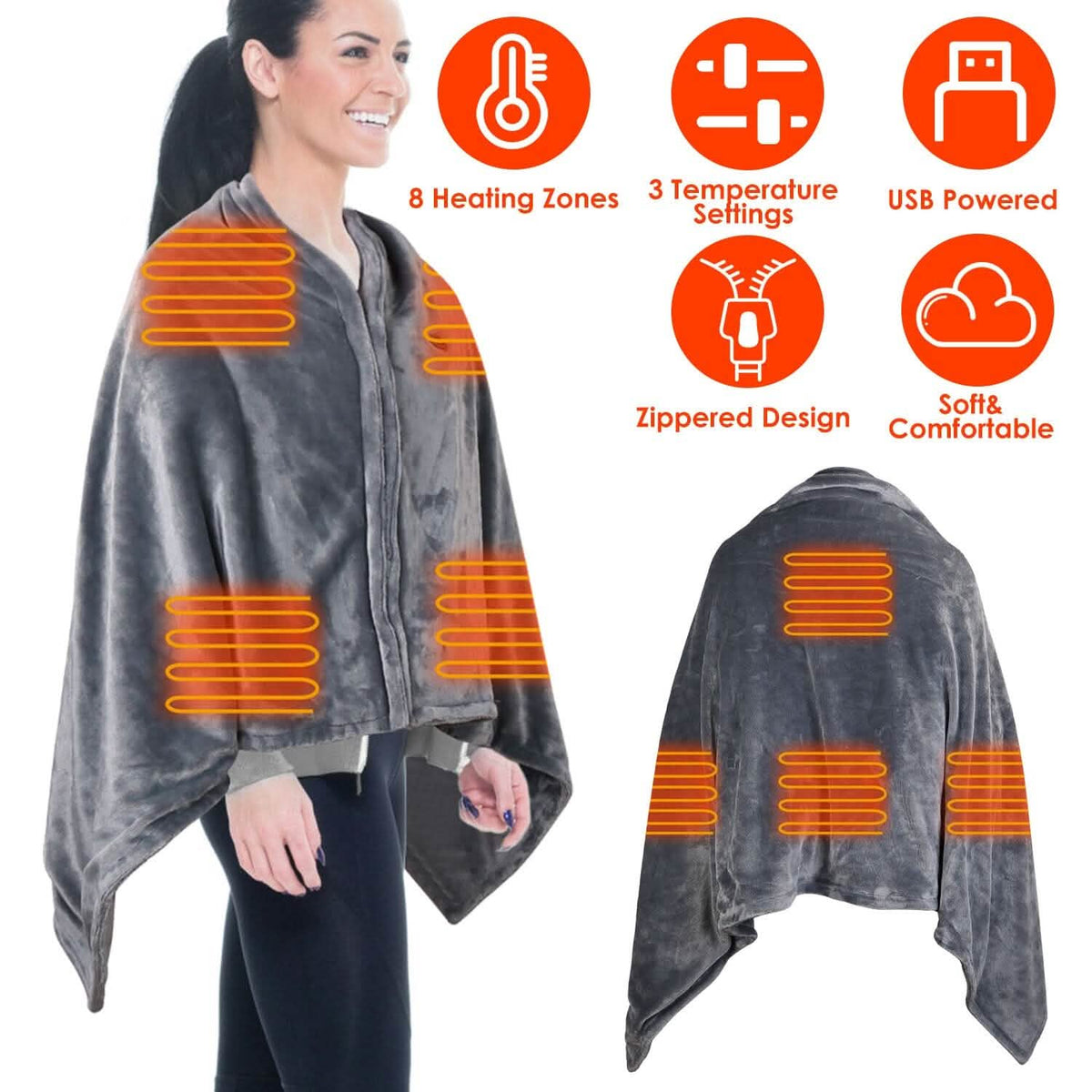 Heated Poncho Wrap | USB-Powered & 3 Heat Settings | Zipper Closure