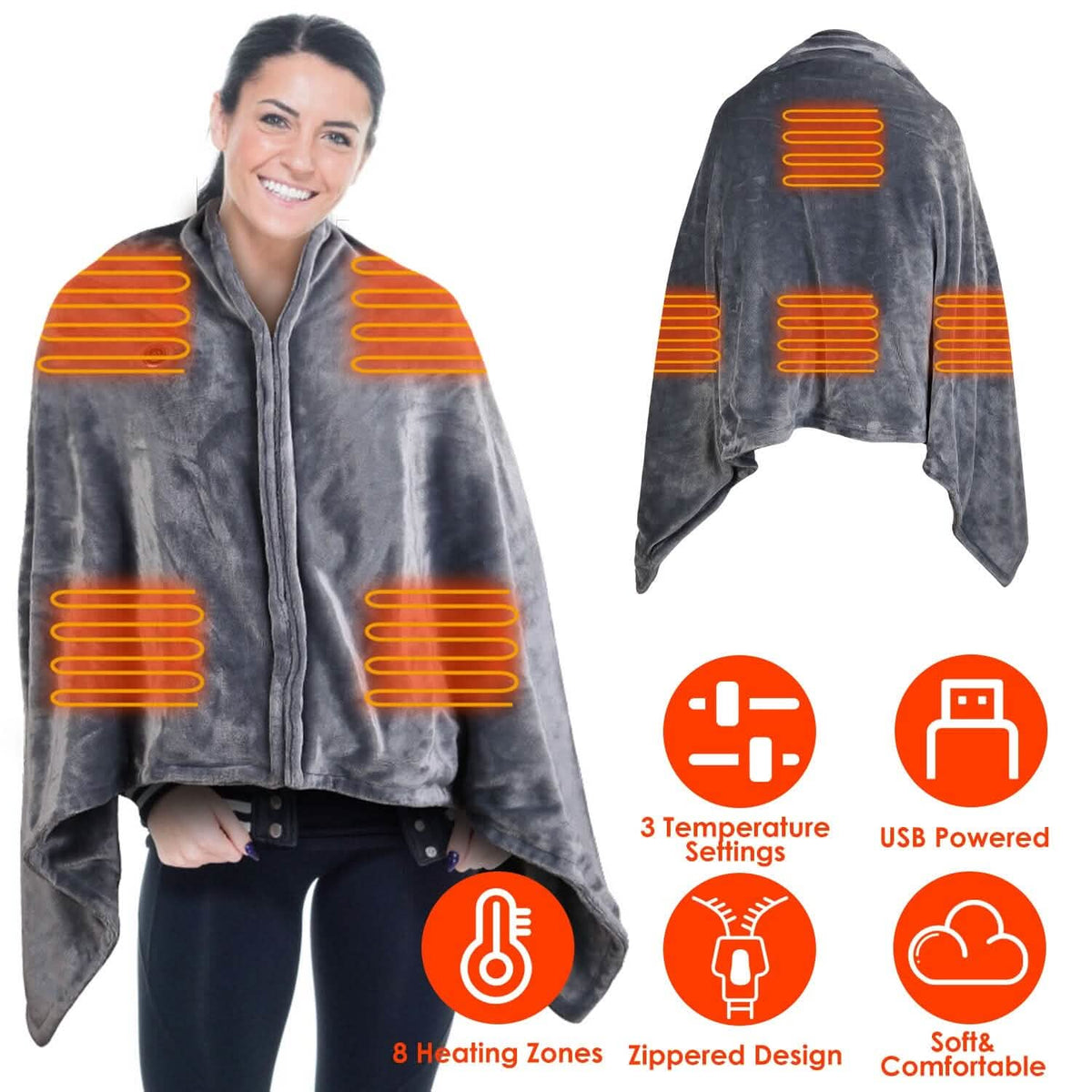 Heated Poncho Wrap | USB-Powered & 3 Heat Settings | Zipper Closure