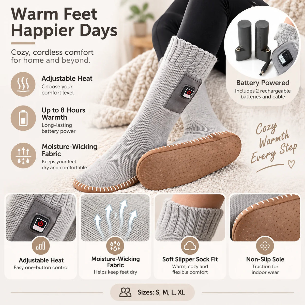 Heated Slipper Socks | Adjustable Temperature & Moisture-Wicking | Up To 8 Hours
