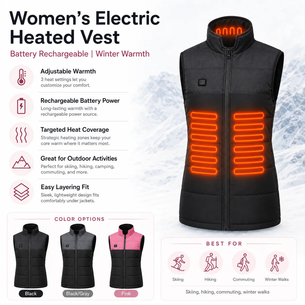 Heated Vest | Rechargeable Battery & Adjustable Heat | Women's