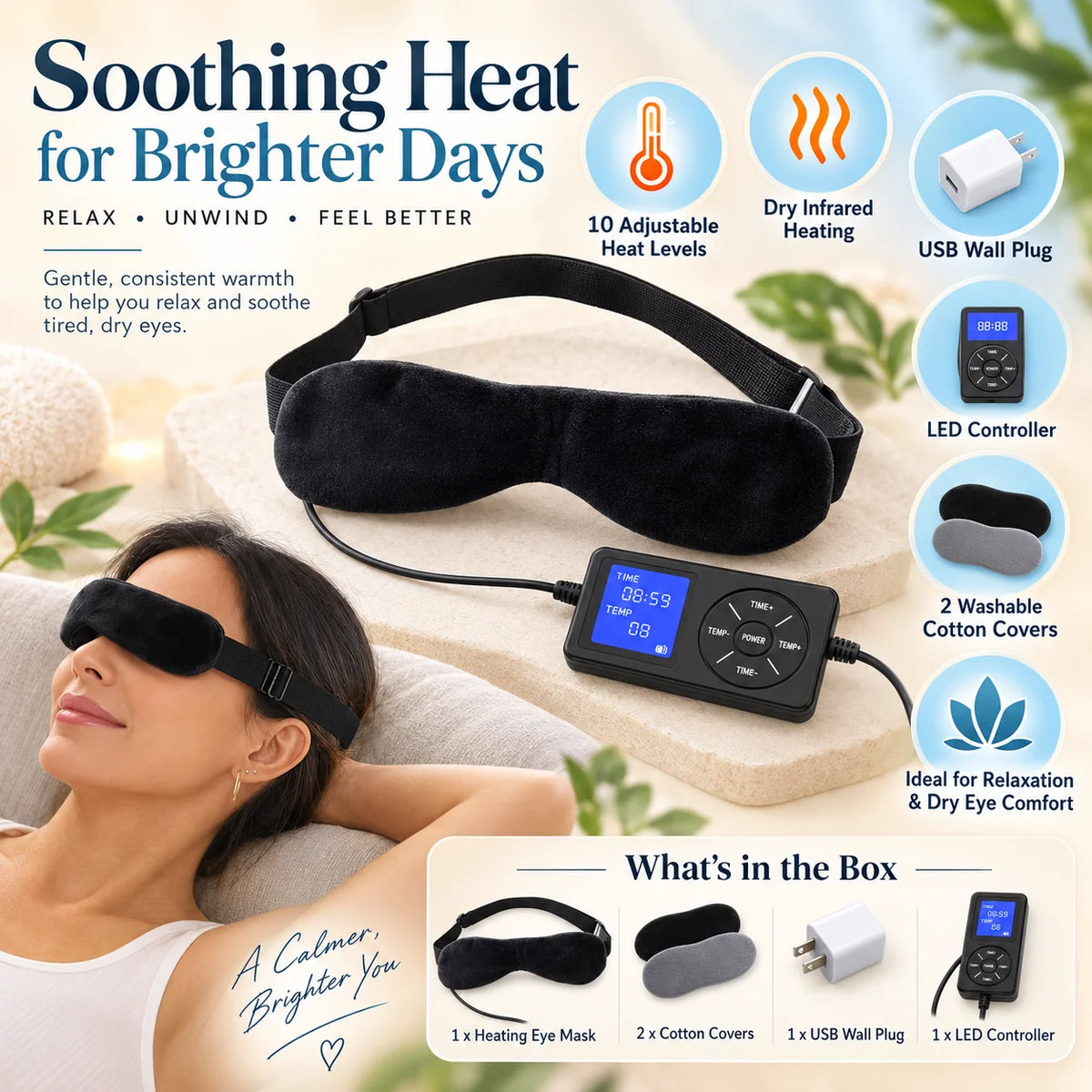 Heating Eye Mask | Infrared Heat & USB-Powered | 10 Adjustable Levels