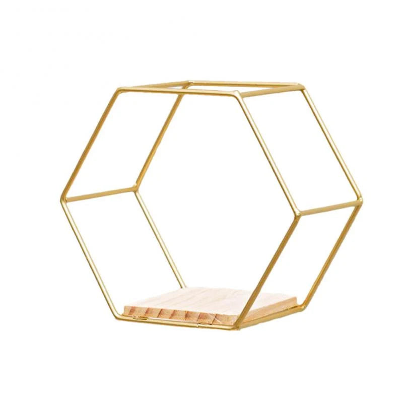 Hexagonal Wall Shelf | Geometric Wood Frame | Black & Gold