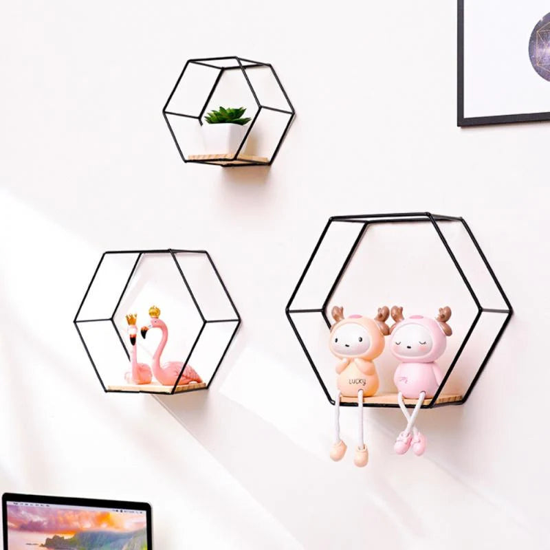 Hexagonal Wall Shelf | Geometric Wood Frame | Black & Gold