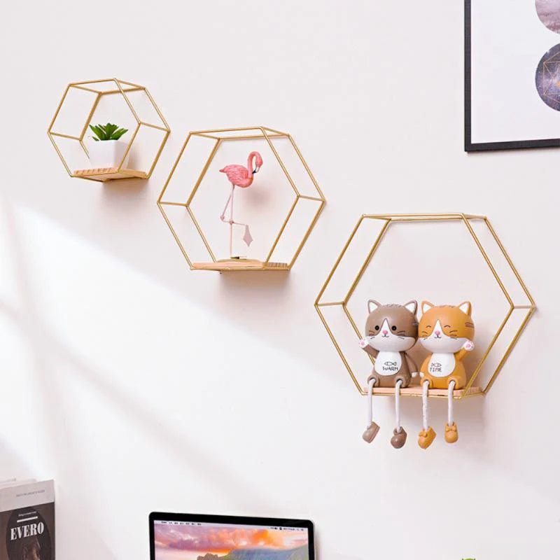 Hexagonal Wall Shelf | Geometric Wood Frame | Black & Gold