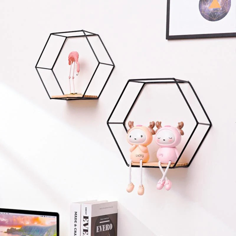 Hexagonal Wall Shelf | Geometric Wood Frame | Black & Gold