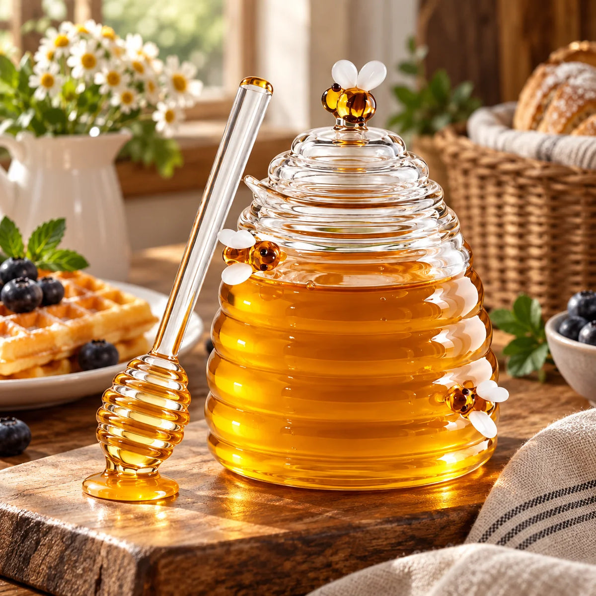 Honey Jar | Beehive-Style Ribbed Glass & Matching Spoon | 450 ml
