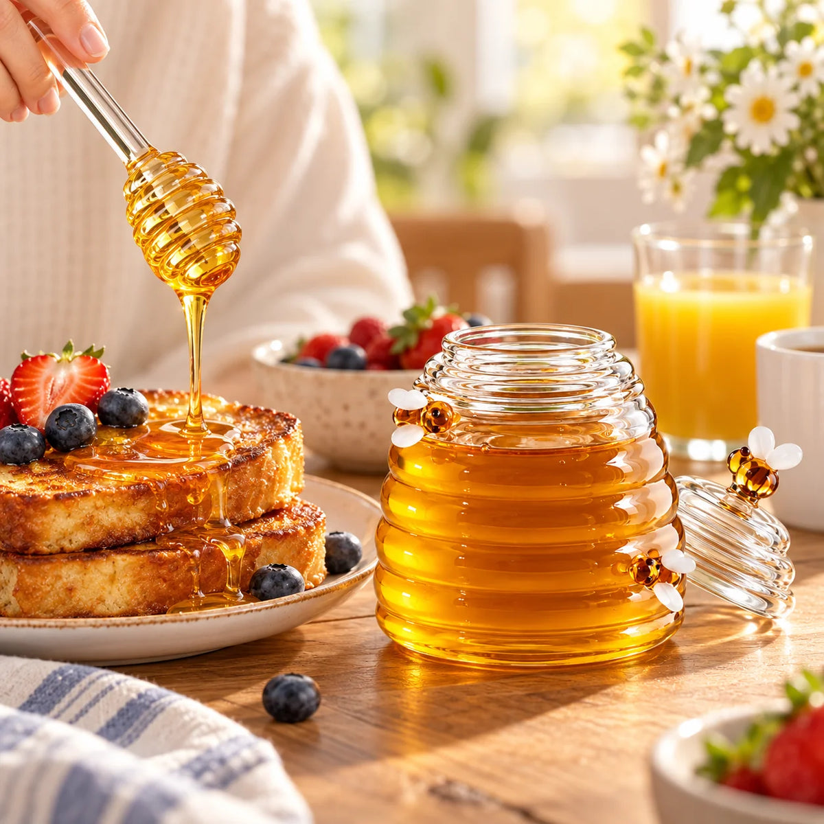 Honey Jar | Beehive-Style Ribbed Glass & Matching Spoon | 450 ml