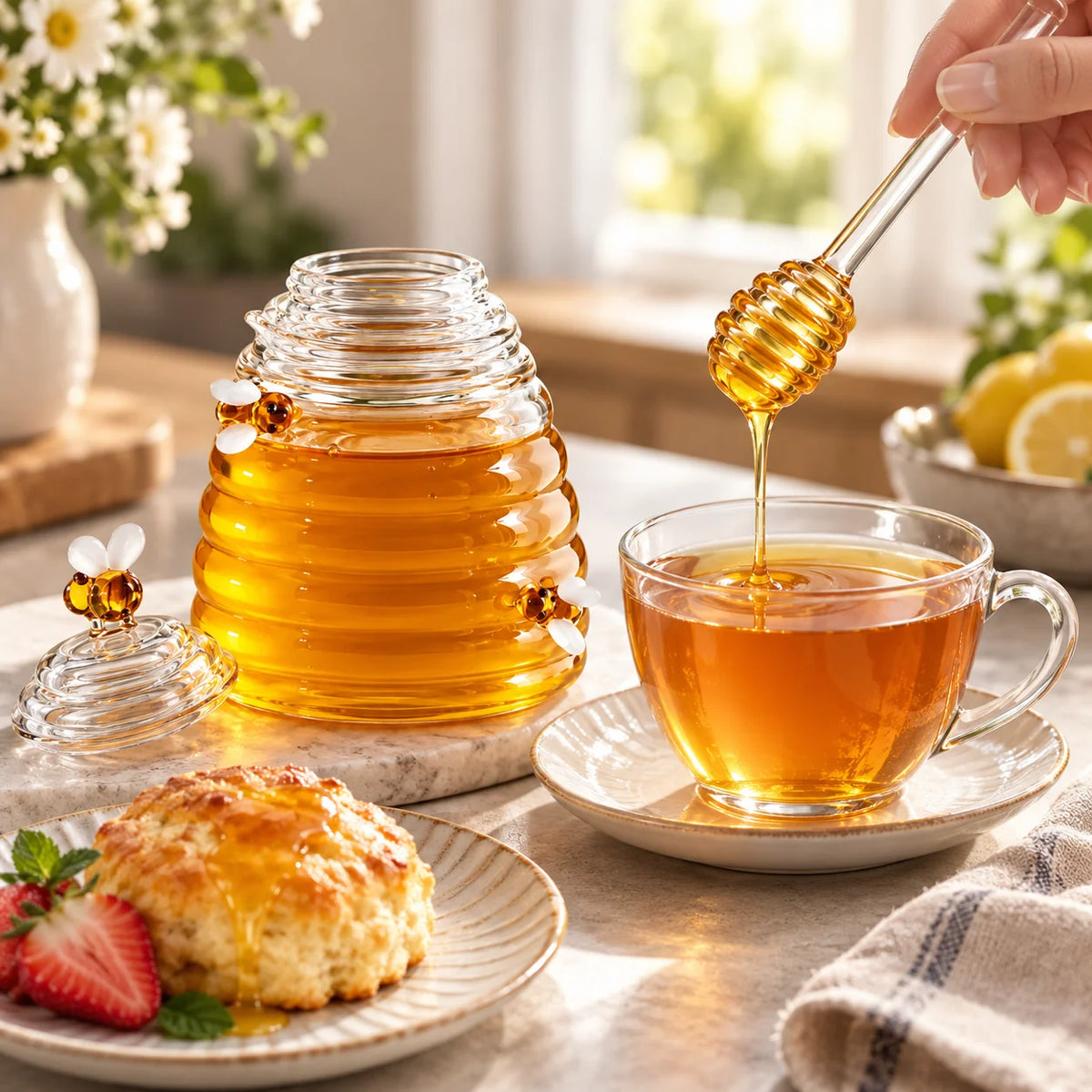 Honey Jar | Beehive-Style Ribbed Glass & Matching Spoon | 450 ml