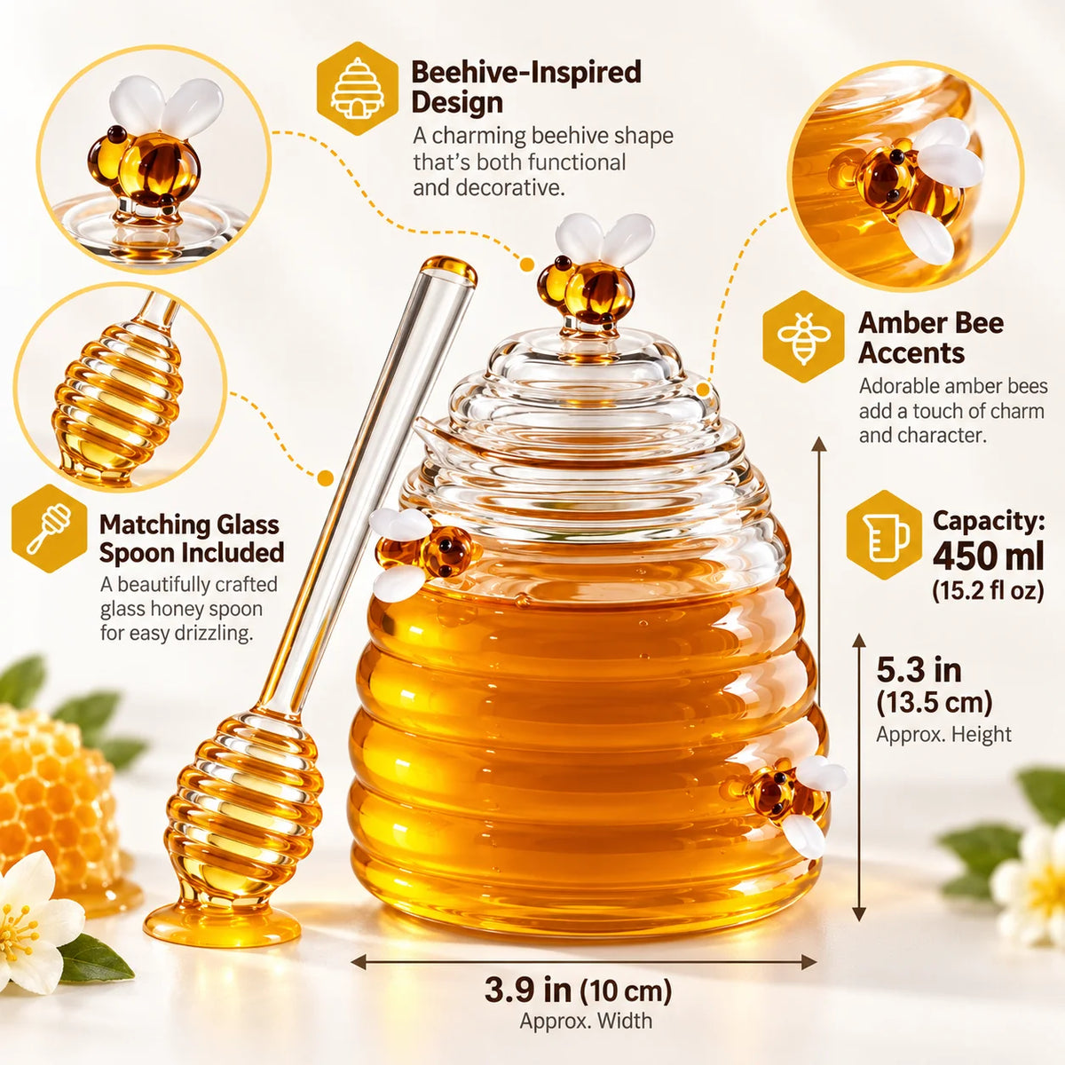 Honey Jar | Beehive-Style Ribbed Glass & Matching Spoon | 450 ml