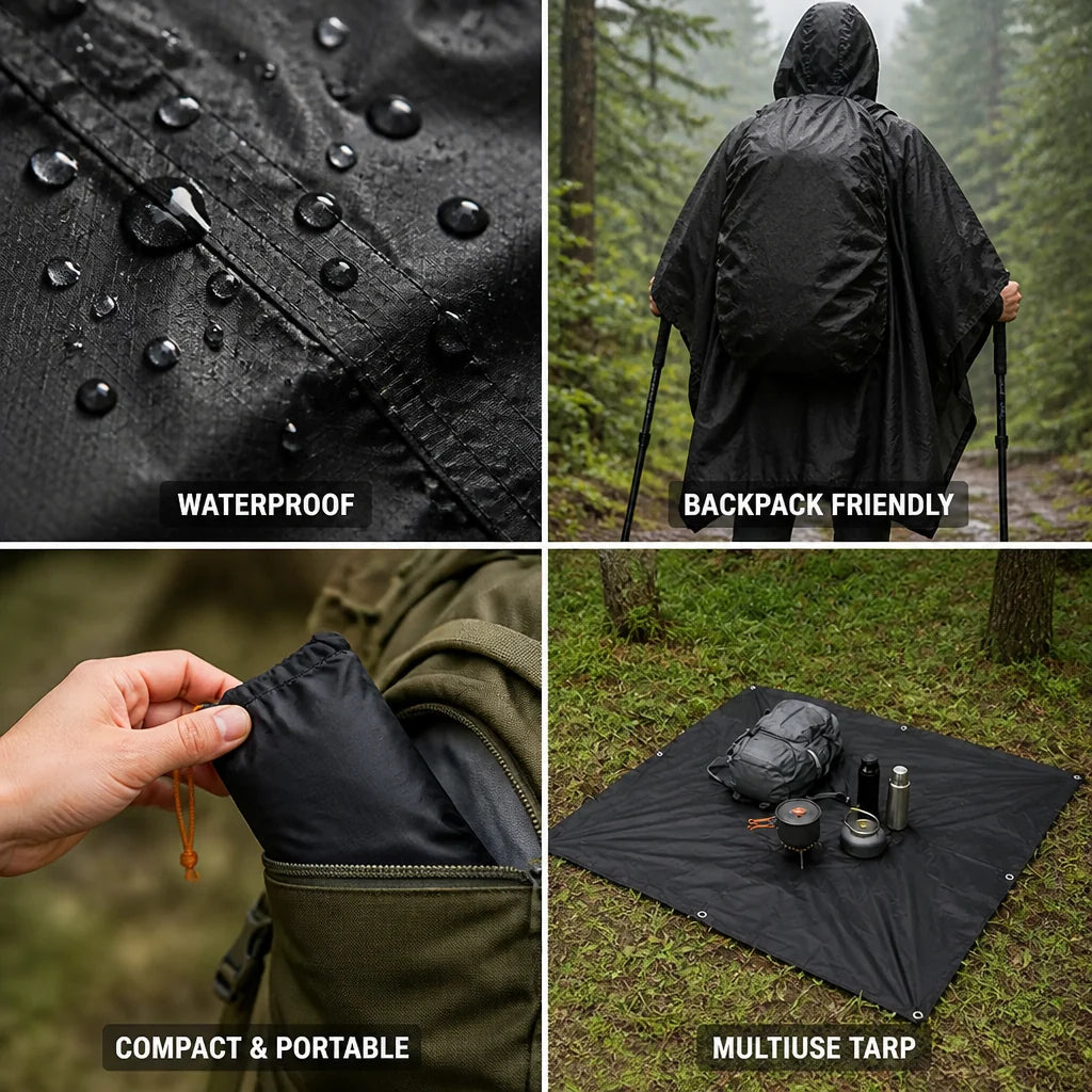 Hooded Rain Poncho | Waterproof & Backpack-Compatible | Folds To 11 x 18 cm