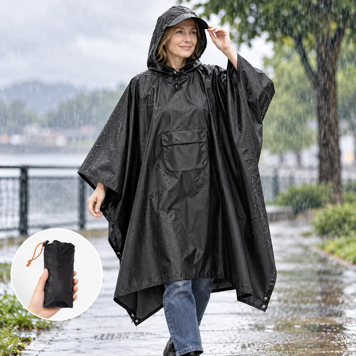 Hooded Rain Poncho | Waterproof & Backpack-Compatible | Folds To 11 x 18 cm