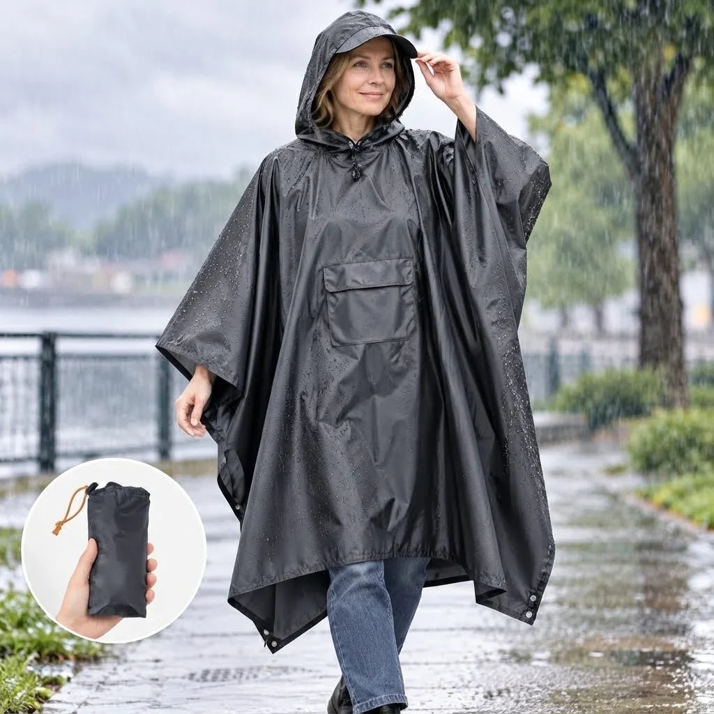 Hooded Rain Poncho | Waterproof & Backpack-Compatible | Folds To 11 x 18 cm