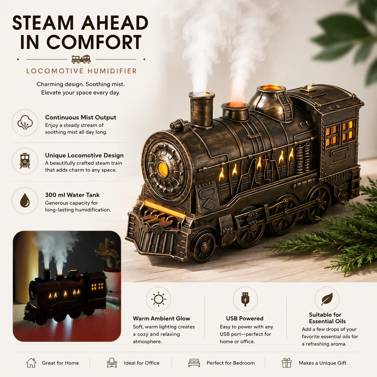 Humidifier | Steam Locomotive Design & Continuous Mist | 300 ml Tank