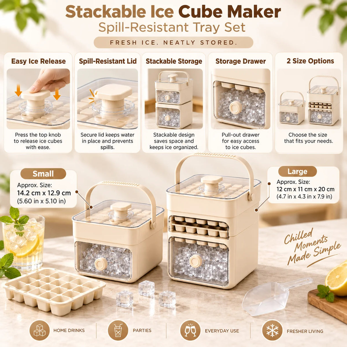Ice Cube Tray Set | Stackable & Easy-Release | With Storage Drawer