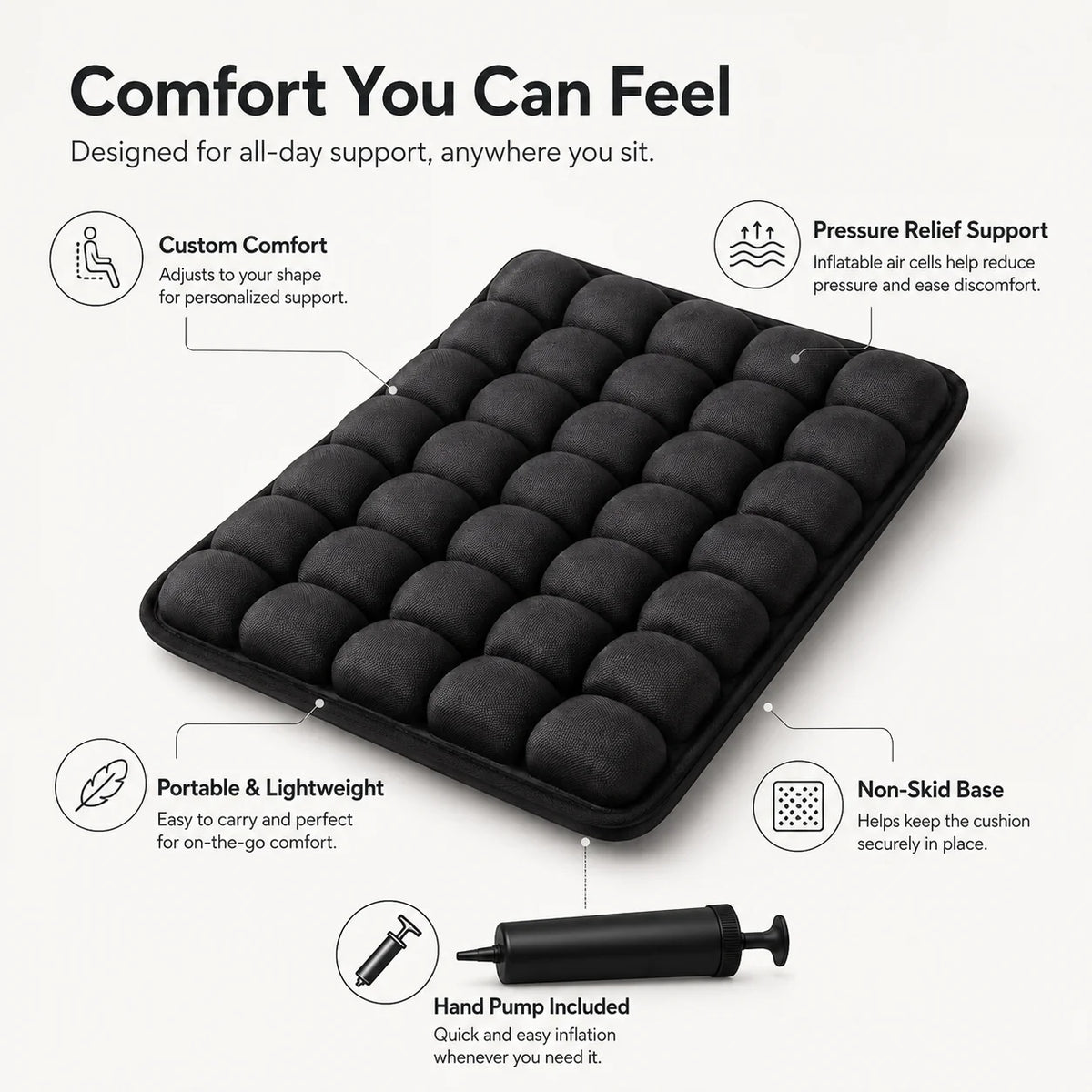 Inflatable Seat Cushion | Adjustable Air Support & Non-Slip Bottom | Hand Pump Included