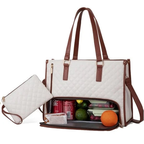 Insulated Lunch Tote | Quilted Faux Leather & Dual Compartment