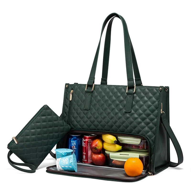 Insulated Lunch Tote | Quilted Faux Leather & Dual Compartment
