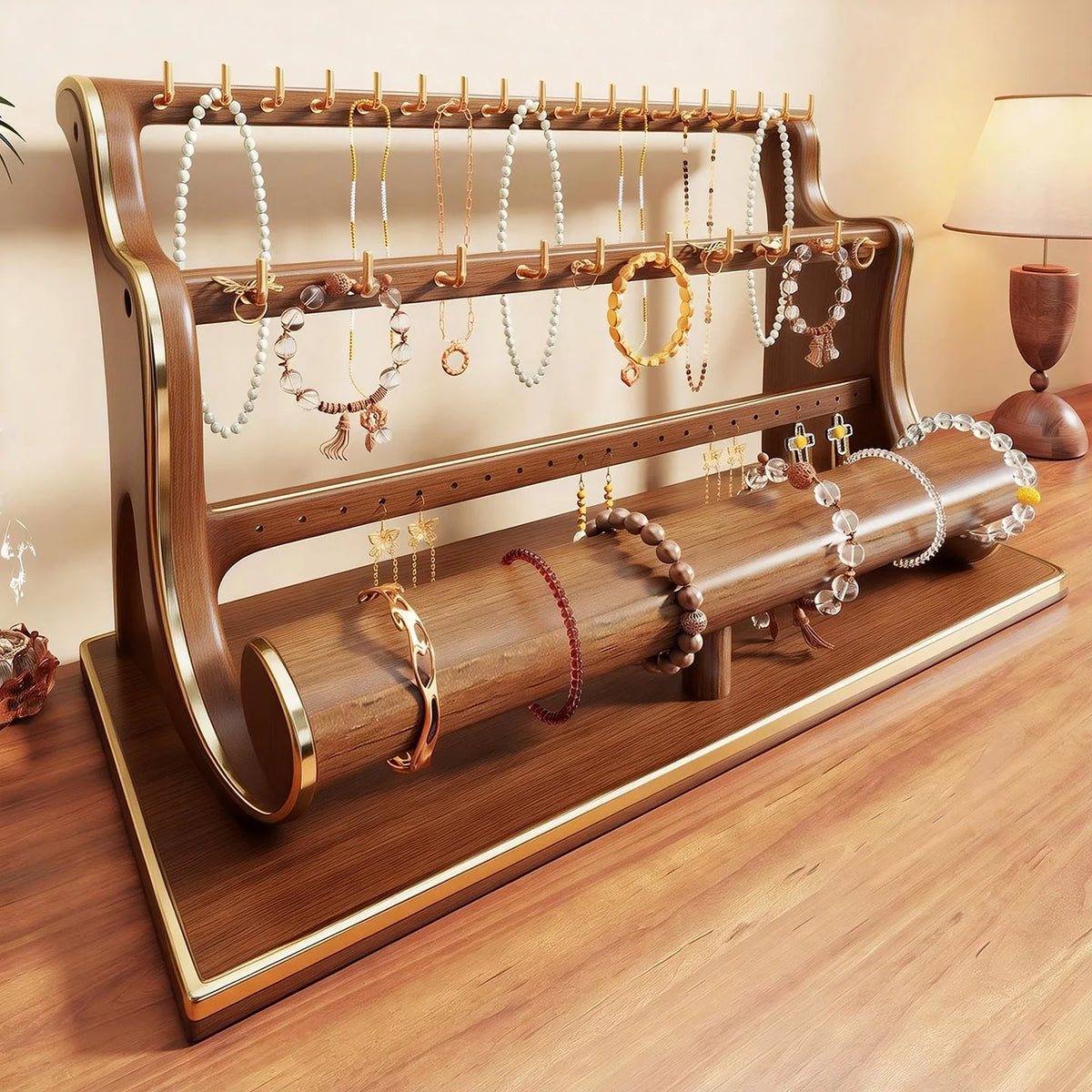 Jewelry Stand | Tiered Wood Rods & Felt Tray