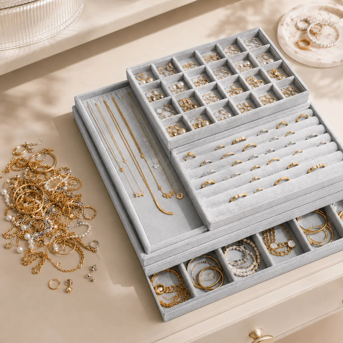 Jewelry Tray | Stackable Velvet-Lined | Multiple Organizer Layouts