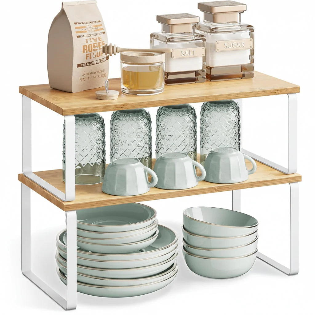 Kitchen Cabinet Organizer | Stackable Metal Frame & Wood Top | Holds 33 lb Per Shelf