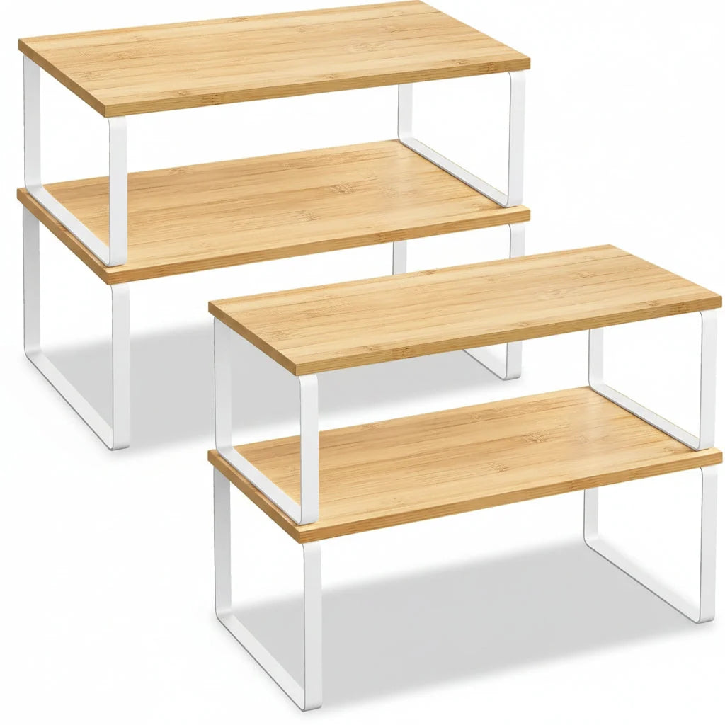 Kitchen Cabinet Organizer | Stackable Metal Frame & Wood Top | Holds 33 lb Per Shelf