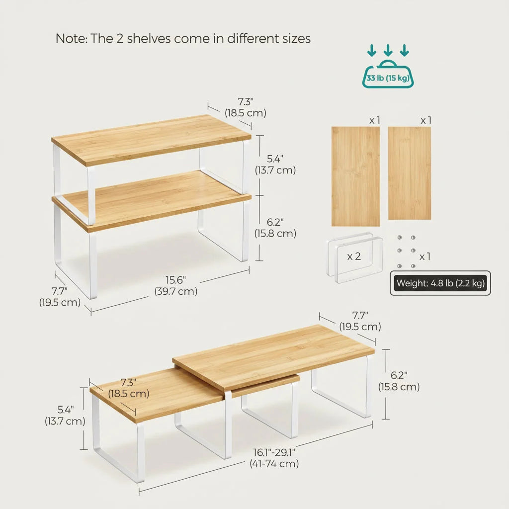 Kitchen Cabinet Organizer | Stackable Metal Frame & Wood Top | Holds 33 lb Per Shelf