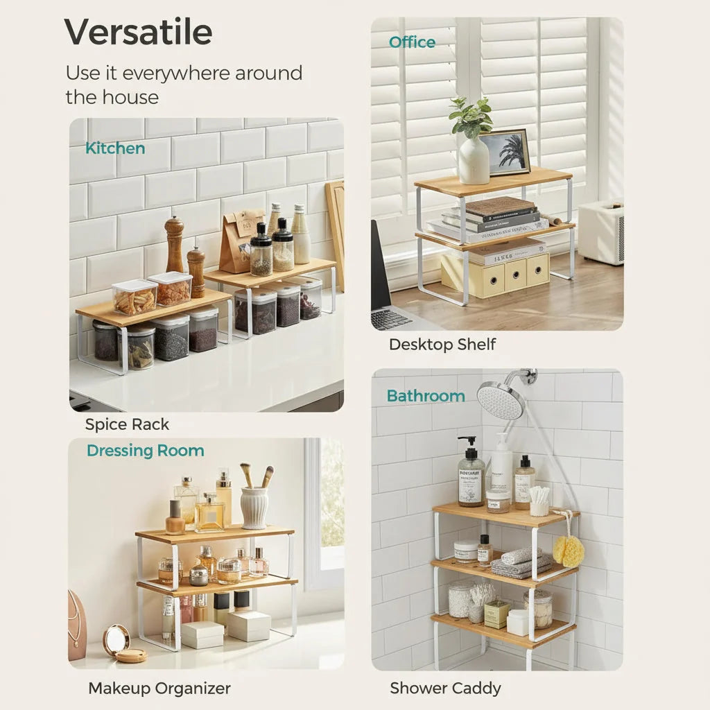 Kitchen Cabinet Organizer | Stackable Metal Frame & Wood Top | Holds 33 lb Per Shelf