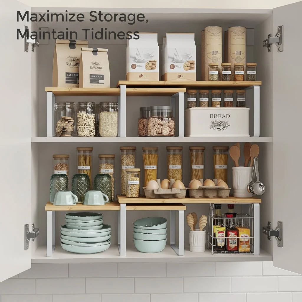 Kitchen Cabinet Organizer | Stackable Metal Frame & Wood Top | Holds 33 lb Per Shelf