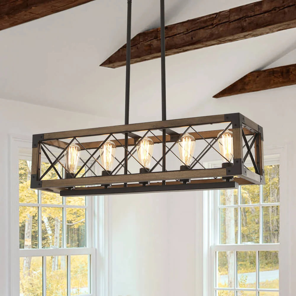 Kitchen Island Chandelier | 5-Light Height-Adjustable Wood & Metal