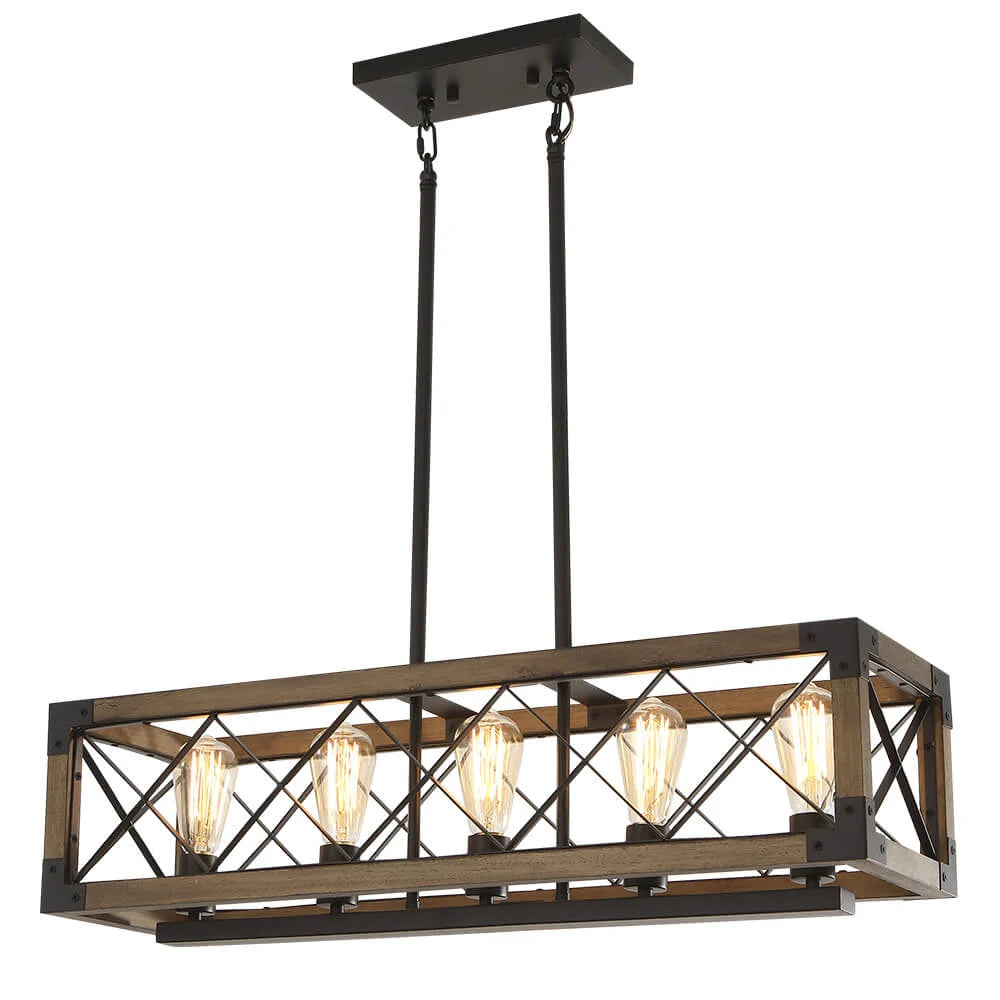 Kitchen Island Chandelier | 5-Light Height-Adjustable Wood & Metal