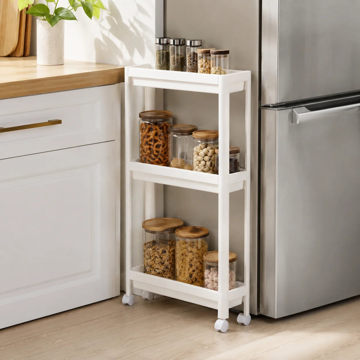 Kitchen Storage Rack | Slim 3-Tier & Smooth-Rolling Wheels