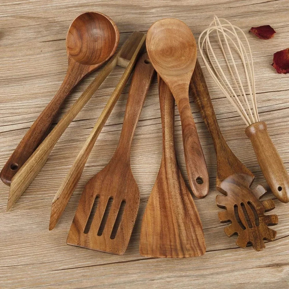 Kitchen Utensil Set | Heat-Resistant & Non-Scratch Natural Wood | 7-Piece