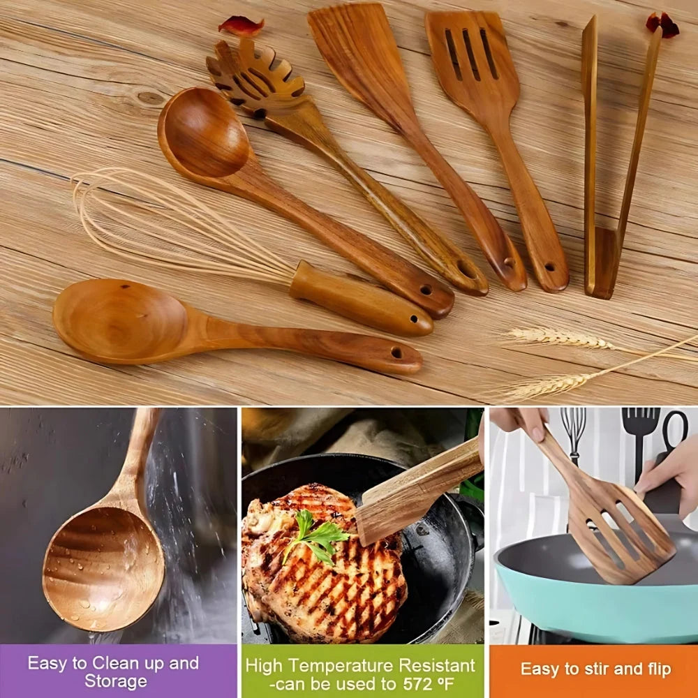 Kitchen Utensil Set | Heat-Resistant & Non-Scratch Natural Wood | 7-Piece