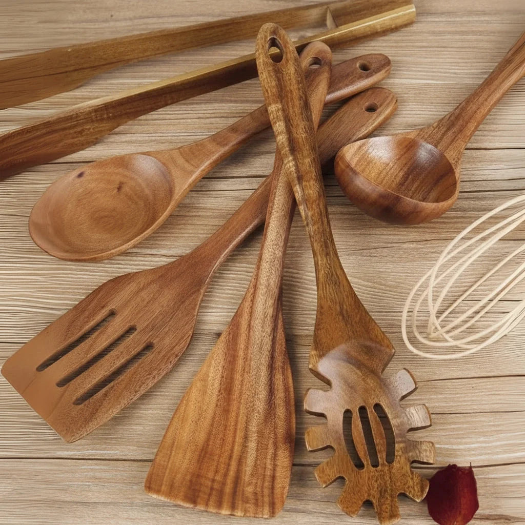 Kitchen Utensil Set | Heat-Resistant & Non-Scratch Natural Wood | 7-Piece