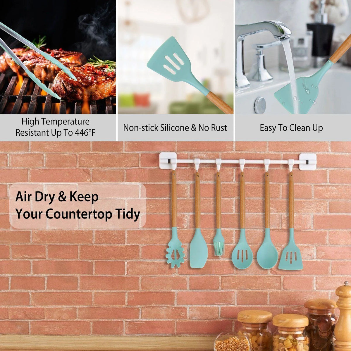 Kitchen Utensil Set | Heat-Resistant Silicone & Wooden Handles | Set of 11