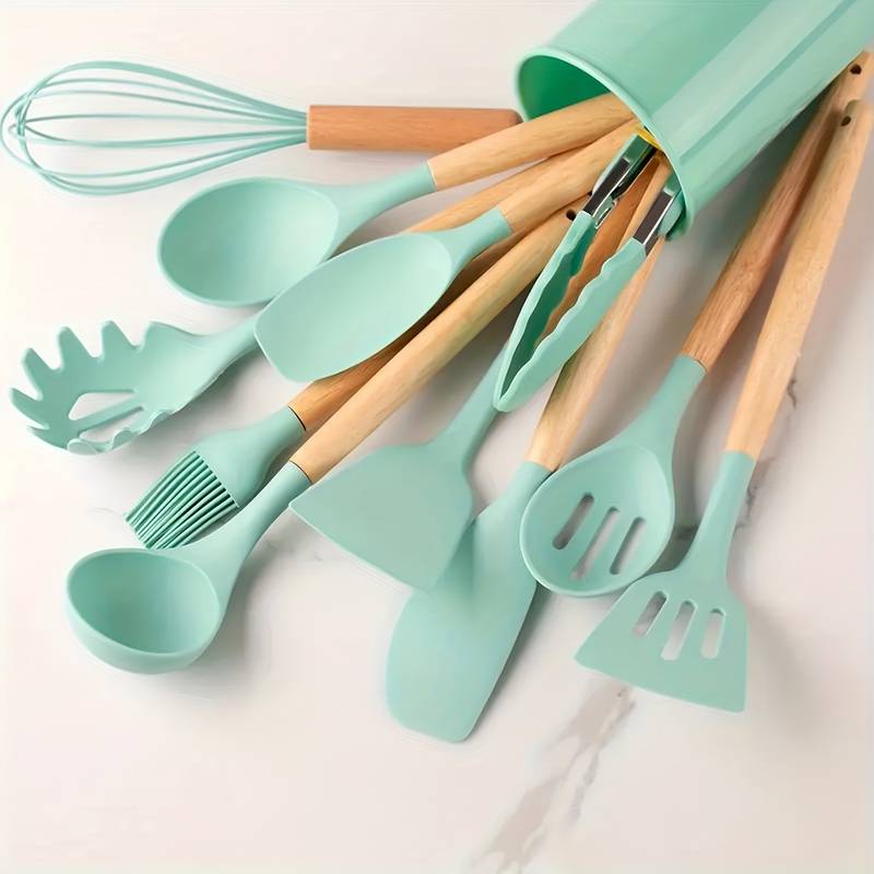 Kitchen Utensil Set | Non-Stick Silicone & Wooden Handles | 12 Pieces