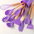 Kitchen Utensil Set | Non-Stick Silicone & Wooden Handles | 12 Pieces