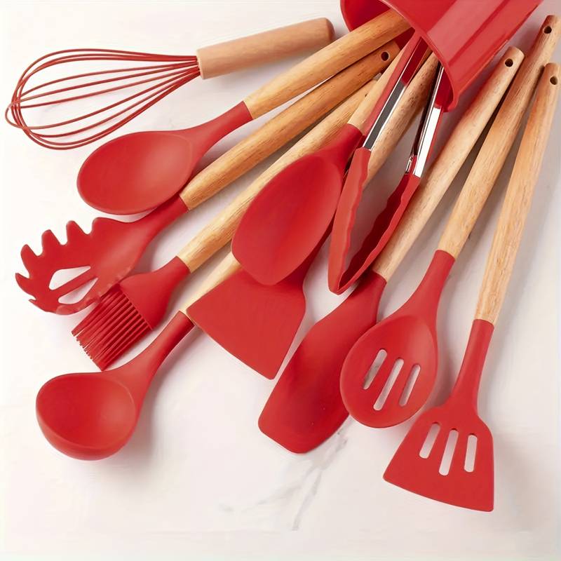 Kitchen Utensil Set | Non-Stick Silicone & Wooden Handles | 12 Pieces