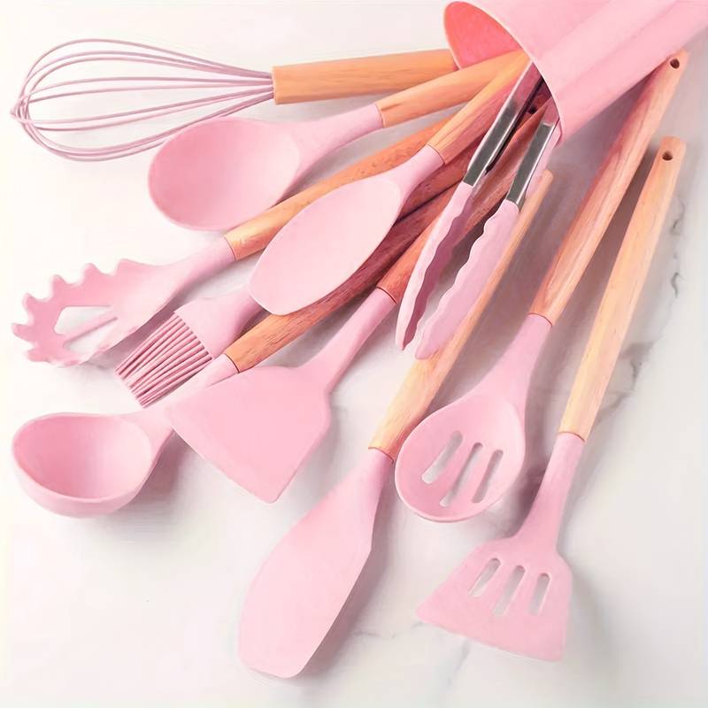 Kitchen Utensil Set | Non-Stick Silicone & Wooden Handles | 12 Pieces