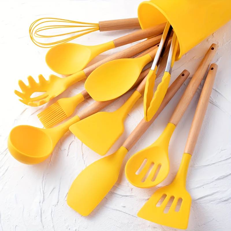 Kitchen Utensil Set | Non-Stick Silicone & Wooden Handles | 12 Pieces