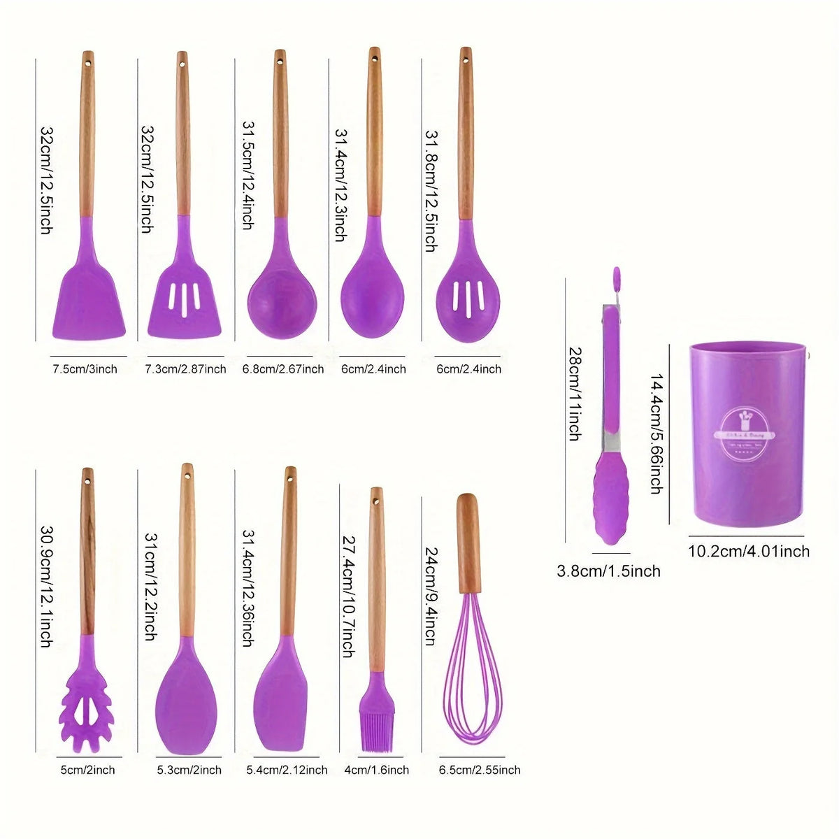 Kitchen Utensil Set | Non-Stick Silicone & Wooden Handles | 12 Pieces